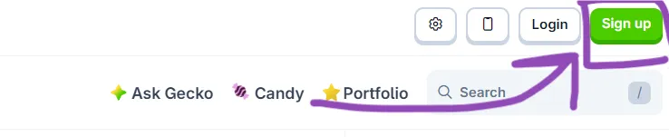 The Sign up button in the top right corner of coingecko.com