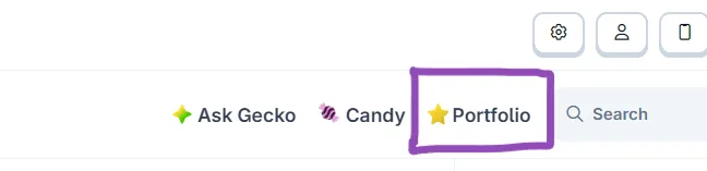 Portfolio in the CoinGecko top menu, next to Ask Gecko and Candy
