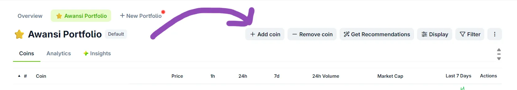 The Add coin button above the coin list in a CoinGecko portfolio