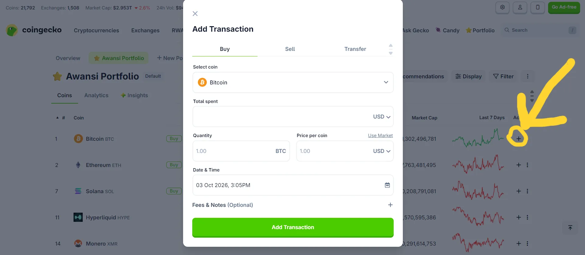 The Add Transaction dialog in CoinGecko with Buy, Sell and Transfer tabs, opened from the plus on the Bitcoin row